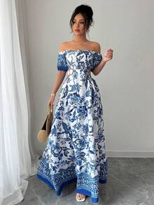 Women's Dresses, Printed Maxi Dress With Off-The-Shoulder And Waist Detail, Retro Resort-Style Dress With A Fitted Waist, Boho-Style Maxi Dress That Slims The Silhouette. - Light Blue - View 10