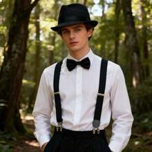 3 Packs 1920s Mens Costume Accessories Gangster Fedora Hat Bow Tie Y-Back Suspenders For Halloween Christmas Carnival Party Black - 如圖 - 查看 7