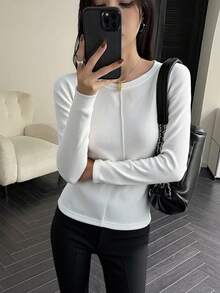 DAZY Women's Loose Business Casual Fashion Street Basic Long Sleeve T-Shirt, Patchwork Design, Autumn - White - View 8