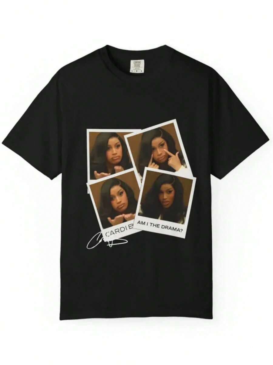 Black T-Shirt  With Popular Colors, Animal Patterns, Geometric Patterns, Tie Dye Patterns, Floral Patterns, Millennial Spicy Girl Style, Y2K Style, Basic Patterns, Floral Patterns, Loose,Fall Outfit For Women, Christmas Outfit Women,Tops,Fall Clothes For Women,Vestidos Elegantes De Mujer,Winter Clothes For Women,Niche Vitality,  Am I The Drama_ Uni T-Shirt -  Fan Tee - 黑色 - 查看 1