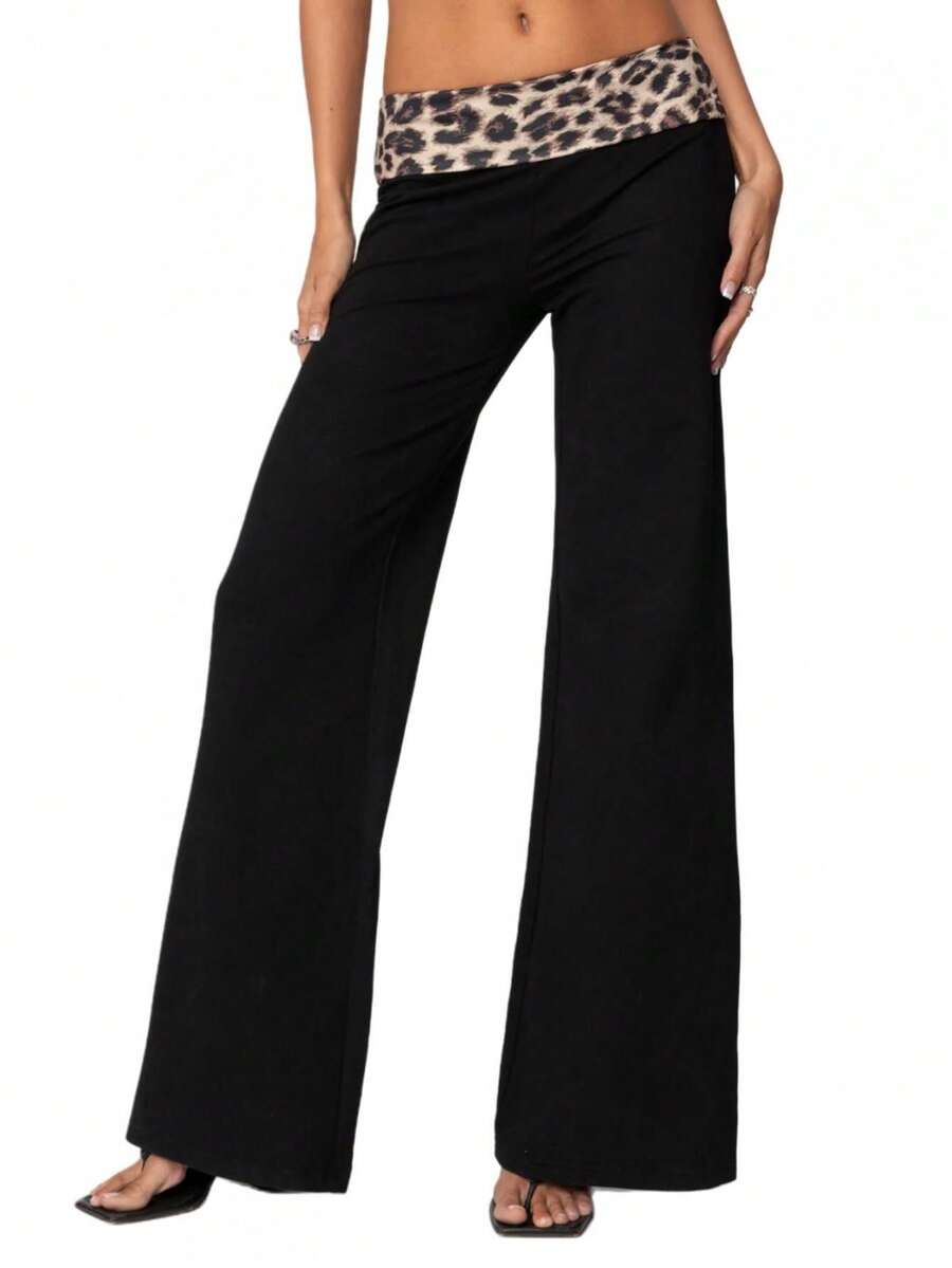 Women Y2k Palazzo Yoga Pants Fold Over Flare Leggings Low Rise Solid Color Stretch Casual Wide Leg Pants Comfy Lounge Pants Bootcut Bell Bottoms Baggy Sweatpants Streetwear - Leopard Print - View 1