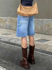 Women's Streetwear Denim Pocket Button Zipper Bermuda Shorts For Back To School - Light Wash - View 3