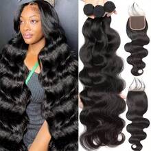 BINF 16A Brazilian Body Wave Strap Closure, 100% Virgin Remy Real Hair Hair Curtain Body Wave Real Hair Strap 4 * 4 Swiss Lace Closure Suitable For Daily Use, Parties, And Beginner Friendly Easy To Install,Hair Extensions Christmas Body Wave Bundles Real Human Hair - Natural Black - Xem 1