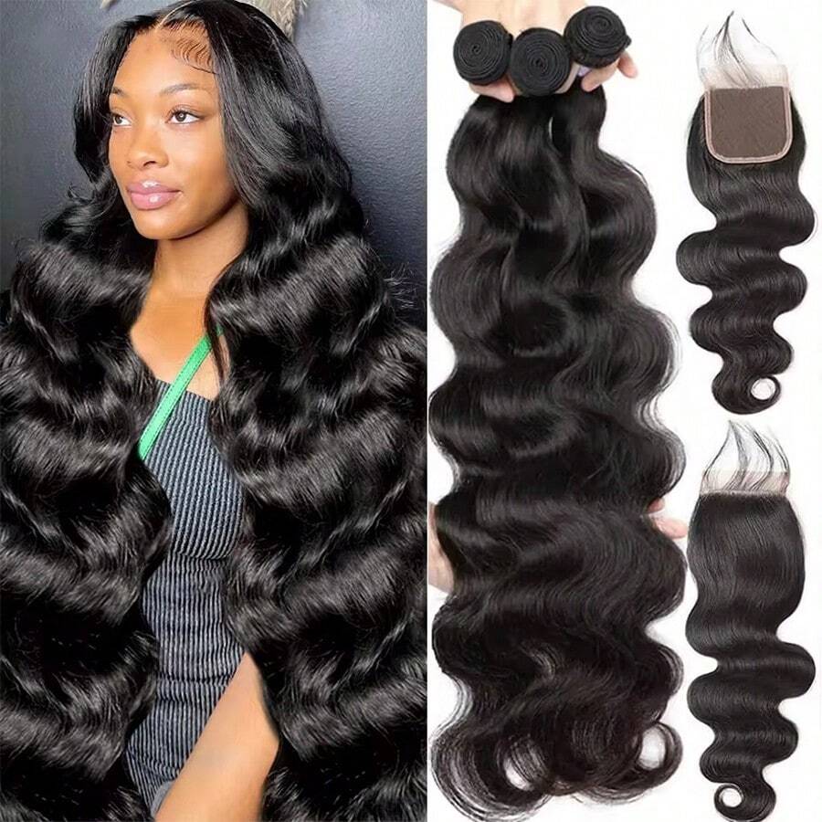 BINF 16A Brazilian Body Wave Strap Closure, 100% Virgin Remy Real Hair Hair Curtain Body Wave Real Hair Strap 4 * 4 Swiss Lace Closure Suitable For Daily Use, Parties, And Beginner Friendly Easy To Install,Hair Extensions Christmas Body Wave Bundles Real Human Hair - Natural Black - Xem 1