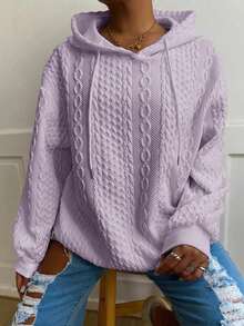 Plus Size Women Loose Casual Solid Color Jacquard Knit Long Sleeve Sweatshirt Spring - Lavender-1 - View 1