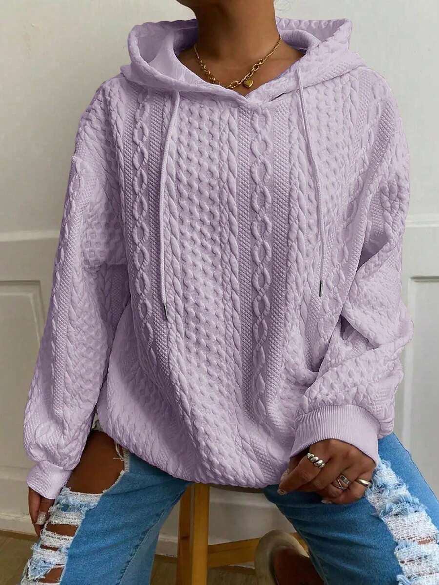 Plus Size Women Loose Casual Solid Color Jacquard Knit Long Sleeve Sweatshirt Spring - Lavender-1 - View 1