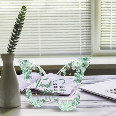 1pc Acrylic Appreciation Plaque - Mint Green Butterfly & Floral Pattern With "Helped Me Grow" Text, Modern Desktop Decor, Suitable Gift For Teachers, Moms, Friends - Office And Home Appreciation Present