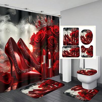 1pc/3pcs/4pcs Valentine's Day Shower Curtain Set With High Heels, Lipstick, Red Rose, Crown Decor, Includes 12 Hooks, Elegant Holiday Atmosphere, Bathroom Mat, U-Shaped Toilet Mat And Round Toilet Mat, Suitable For All Scenarios