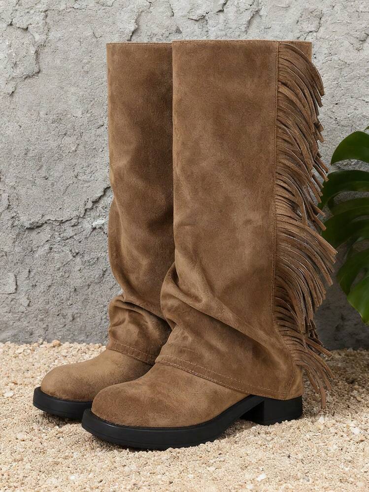 Slouchy Fringe Western Cowboy Boots For Women, Knee High Low Heel Cowgirl Boots, Suede Boots For City Walk, Music Festival & Country Concert - màu nâu - Xem 11