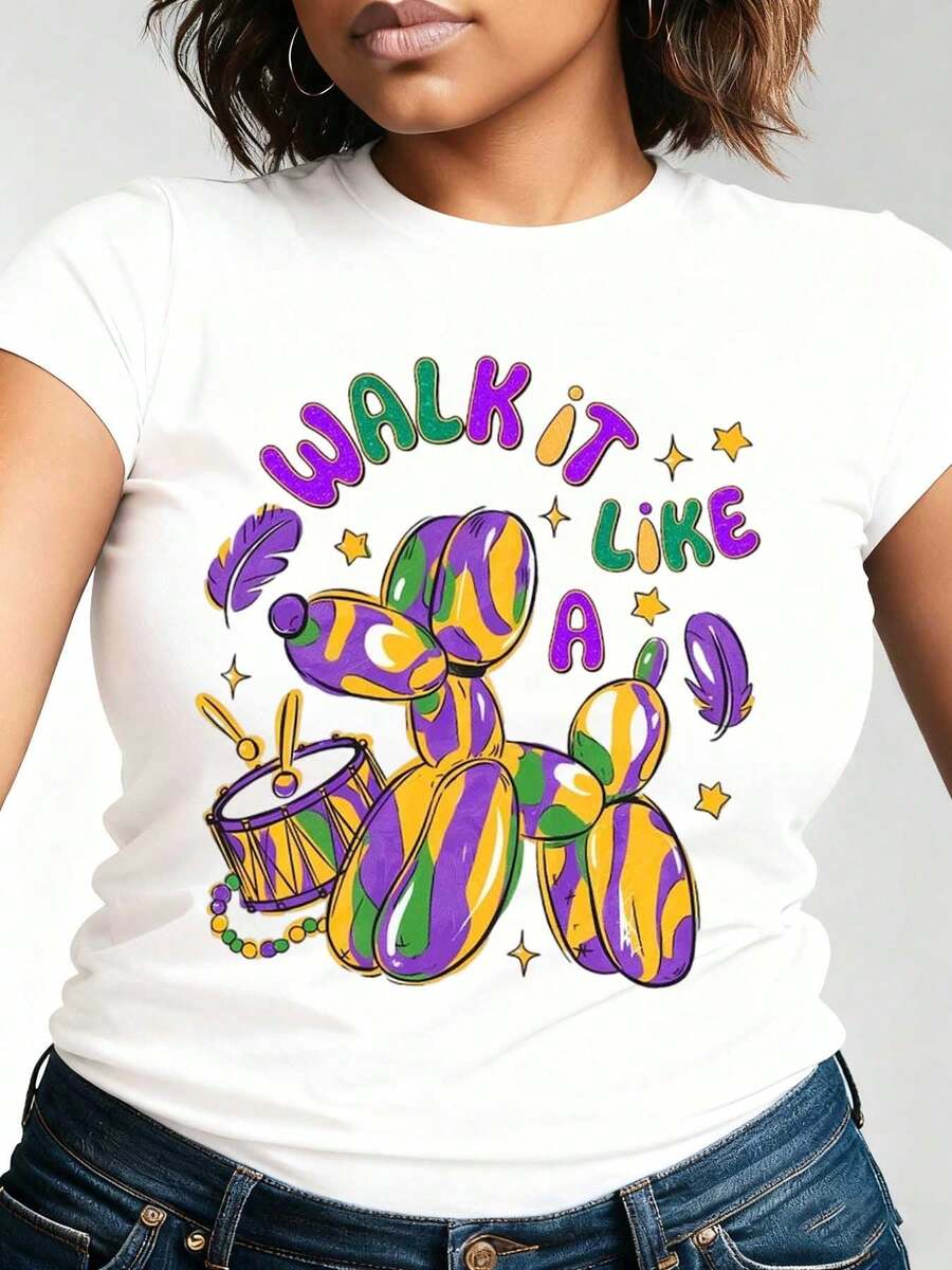Carnival Themed Women's Graphic T-Shirt-Walk It Like A Dog Balloon Animal Mardi Gras Design ,Cotton Fabric,Festive Carnival Party Wear,Festival Wear For Women - 白色 - 查看 1