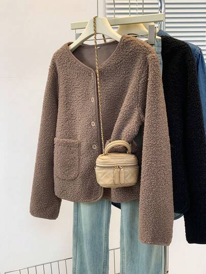 YUXIN Women's Autumn/Winter Faux Sherpa Fleece Jacket, Minimalist Round Neck Single-Breasted Design, Decorated With Dual Pockets, Multiple Colors Available, Suitable For Casual Daily And Commute Wear, Faux Fur Outerwear