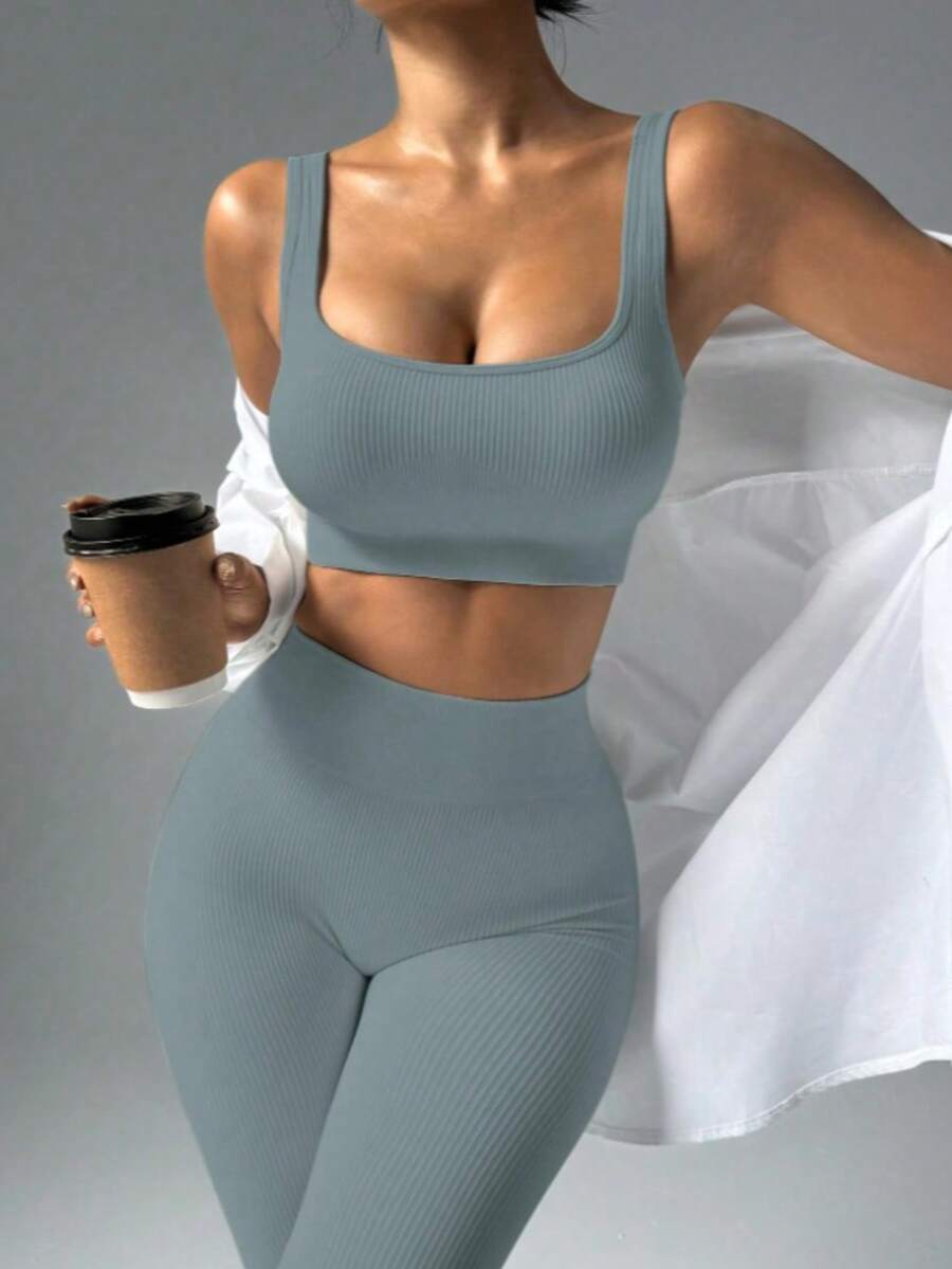 Ribbed Fitness Set - Soft Comfort And Practicality. - 深灰色 - 查看 1