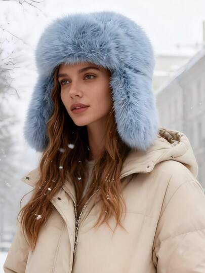 Unisex Winter Fuzzy Trapper Hat Fluffy Furry Plush Faux Fur Hat Earflap Hat Windproof For Cold Weather Warm Hat,Suitable For Hiking, Skiing & Daily Wear,Christmas Party Gift. Winter Gear