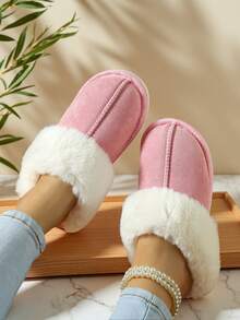 Women's Solid Color Plush Lining Thick Anti-Slip Flat Casual House Slippers, Suitable For Autumn/Winter - Pink - View 8