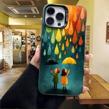Cubierta de telefono con diseño de lluvia y paraguas colorido para iPhone 14 Pro Max funda de silicona suave con estampado de pareja bajo la lluvia estilo acuarela para uso diario en cafeterias y salones - Blanco - Ver 4