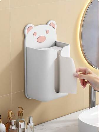 1pc Cartoon Tissue Box, Wall Mounted Tissue Box. Thick Plastic Storage Box, No Punching Multifunctional Face Towel Storage Box. Bathroom Storage