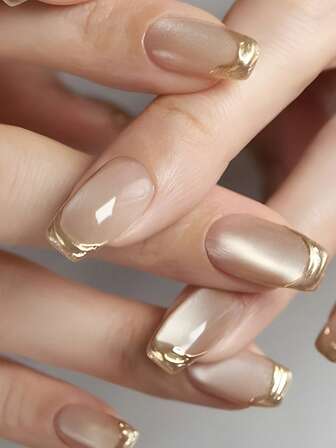 24 uñas postizas de otoño con puntas francesas, uñas blancas Y2K de estilo medio ataúd, uñas de moda con degradado y estampado de lámina brillante, estilo simple, uñas acrílicas postizas reutilizables, incluye 24 piezas de pestañas de gelatina y una mini lima