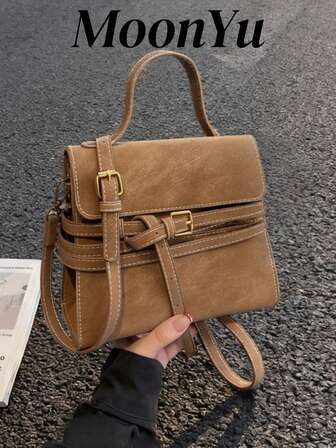 Damhandväska med fyrkantig design, moderiktig minimalistisk retro elegant matt PU-läder, lämplig för axelrem, kvinnor, flickor, högskolestudenter, shopping, pendling, brun