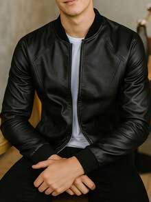 1pc Men's Baseball Collar PU Leather Jacket, With Zipper Pockets, Outdoor Motorcycle Style, Thickened Spring/Autumn Motorcycle Jacket For Men,Fleece - Black - View 15