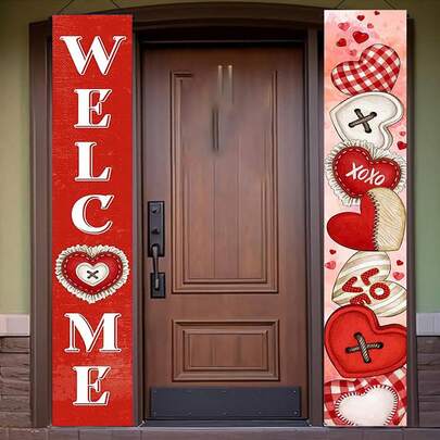 一对情人节快乐门廊横幅/门廊标志，尺寸为 11.81*70.86 英寸，横幅底部带孔，聚酯纤维材质，创意有趣的情人节前门悬挂横幅，节日彩旗/挂饰，横幅，适用于墙壁、门廊或户外家庭情人节派对装饰，门廊标志