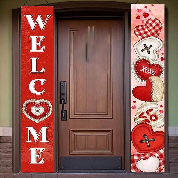 一对情人节快乐门廊横幅/门廊标志，尺寸为 11.81*70.86 英寸，横幅底部带孔，聚酯纤维材质，创意有趣的情人节前门悬挂横幅，节日彩旗/挂饰，横幅，适用于墙壁、门廊或户外家庭情人节派对装饰，门廊标志