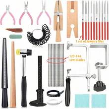 Jewelry Tool Kit, Includes Jewelry Saw Frame, 120-144pcs Saw Blades, Third Hand Tweezers, Wooden Pin Vise, Multi-Function File, Wooden Ring Clamp, Ring Sizer, Measuring Rod, Wooden Mallet And Hammer.