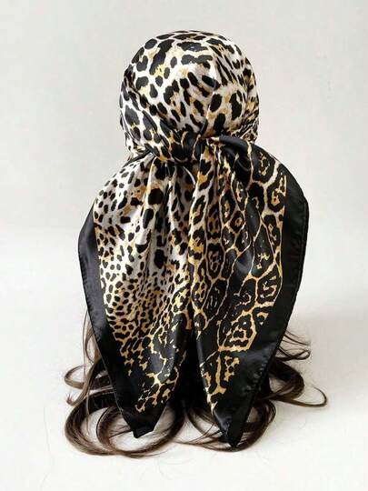 Boho 1 Pc 90cm Women Bandana Leopard Printed Square Scarf, Casual Sunscreen Head Wrap & Neck Scarf, Suitable For Nighttime Breast Wrapping, Sleeping And Daily Wear, Can Be Worn As A Square Scarf, Bandana, Headwrap Or Bandana Top