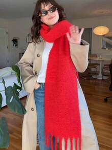 1pc Thick Solid Color Fluffy Tassel Warm Scarf For Women, Red, Fashionable Cold-Proof Couple Shawl, Soft & Comfortable Blanket Scarf, Suitable For Daily Wear In Winter