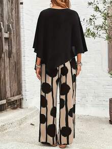 Plus Size Women 2 Pieces Set - Asymmetrical Hem Short Sleeve Top And Straight Leg Pants - Multicolor - View 3