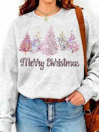 Felpa con grafica di albero di Natale, girocollo casual a maniche lunghe in pile di alta qualità, pullover da donna adatto per tutte le stagioni e feste natalizie, nuova moda autunnale 2025 per donne