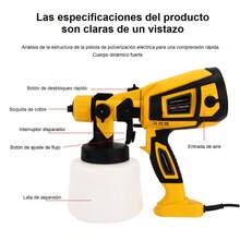 pistola pintura eletrica,pistola pintar electrica,pistola pintura bateria ,pistola pintura eletrica pulverizador 2,pulverizador tinta,pistola pintura automotiva,Pistola de Pintura de Alta Presión, Compacta para Proyectos de Bricolaje y Hogar - Amarillo - Ver 4