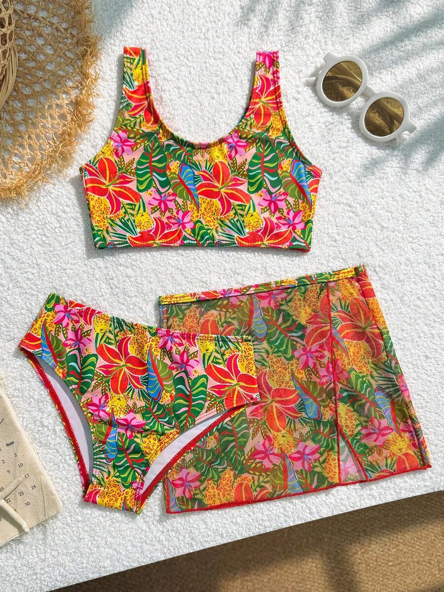 Young Girl Tropical Plant Print 3 PiecesSwimsuit Set: Vest, Shorts, And Split Skirt - Multicolor - View 1