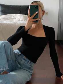 Livesso Áo thun dài tay cổ thiên nga dành cho nữ, Quần áo mùa thu - màu đen - Xem 1