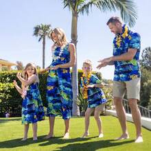 Matching Family Hawaiian Outfits Tropical Blue Palm Tree Print Shirt / Dress Summer Beach Vacation Coordinated Outfit Set - Màu xanh lam - Xem 2
