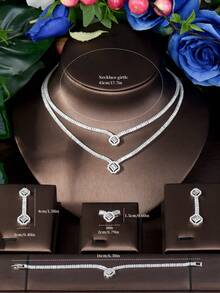 1 Bộ trang sức mặt dây chuyền vuông Cubic Zirconia thanh lịch, phù hợp với trang phục nữ - Bạc - Xem 7