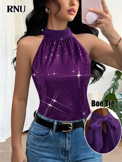 RNU 女士迷人紫色浪漫系带露背亮片吊带背心，无袖连体衣，性感弹力无袖上衣，适合约会/派对/夜店/街头/情人节/生日/狂欢节/新年等场合，也适合春/夏/秋/冬商务休闲、音乐会、办公室、新年秋季、婚礼宾客等场合。
