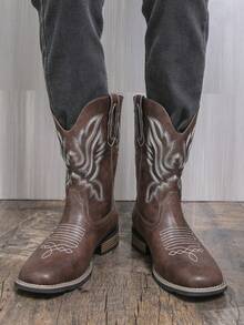 Unisex Couple Western Cowboy Boots | Black Embroidered Mid-Calf Retro Boots | Non-Slip Sole - For Men & Women Daily/Street Wear