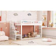 Children's Bed 90*200cm, Low Bunk Bed With Ladder, Solid Wood Bed Frame With Slatted Sides, White - White + Solid Wood - View 4