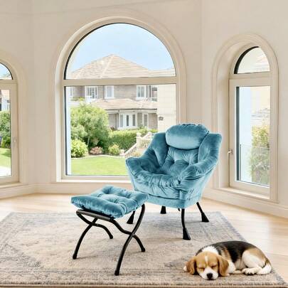 Armchair With Stool, Relaxing Armchair With Armrests, Side Pocket And Footrest, Living Room Armchair, TV Chair, Wingback Armchair For Living Room, Bedroom, Office (Khaki)