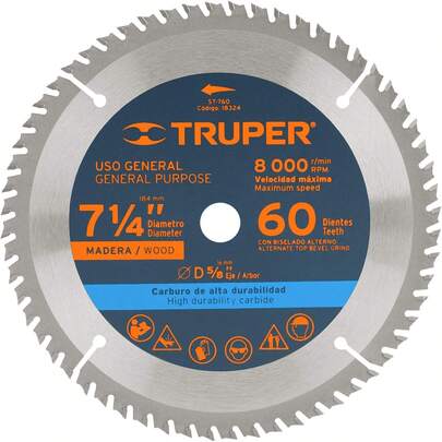 Truper ST-760, Disco sierra p/madera 7- 1/4", 60 dientes, centro 5/8"