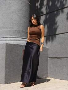 Women's Asymmetrical Ribbed Plain Blouse Summer 2025 | Sophisticated Casual Fashion Basic Look - 鏽棕色 - 查看 3