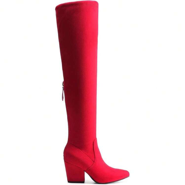 Botas altas por encima de la rodilla con puntera puntiaguda, tacón grueso y bloque, de moda y sexy para el otoño, 31370954 - Rojo - Añade 2
