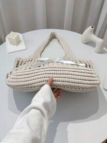 BAIZE Lightweight Casual Hollow Beach Bag,White Bag Woven Shopping Crochet Tote Bag, Large Capacity Handbag, Suitable For Travel, Outdoor And School.Travel Essentials,Holiday Essentials,Multifunctional Kitchen Storage Lunch Bag, Suitable For Beach Vacation Or Easy Carrying, Elegant Wedding Season