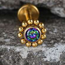 1 pieza Giga Piercing de titanio ASTM F136 de 16G con mini cuentas, pendiente sin rosca con flor de circonita cúbica en la parte posterior plana para tragus, cartílago, hélice, concha y nariz para mujeres, clásico - Dorado - Ver 14