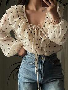 Blusa ligera de organza transparente para mujer de , con diseño calado, volantes y lazo frontal en la cintura, camisa versátil de chifón para vacaciones, ir al trabajo y citas. - Multicolor - Ver 5