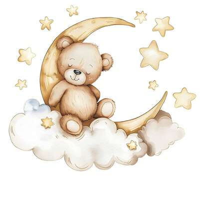 1张卡通熊睡星云月亮水彩儿童房墙贴，幼儿园艺术贴纸，儿童房卧室家居装饰，房间装饰贴纸，墙面装饰，个性化墙贴