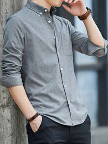 Camisa de manga larga de color azul sólido clásica para hombre, elegante de negocios casual caballerosa - Gris Claro - Ver 4