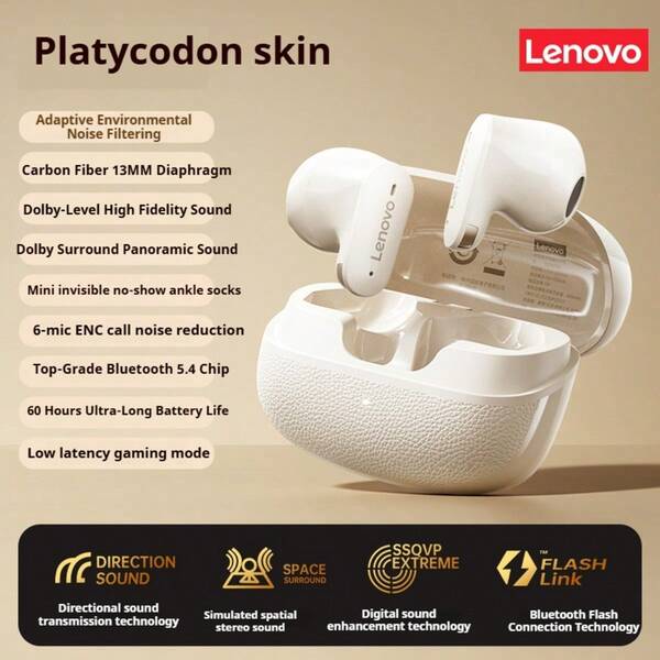 Lenovo Bluetooth Earphones 2025, New Half In-Ear Wireless Noise Cancelling Headphones, Super Long Battery Life, Miniature Design, Comfortable For Long-Time Wearing