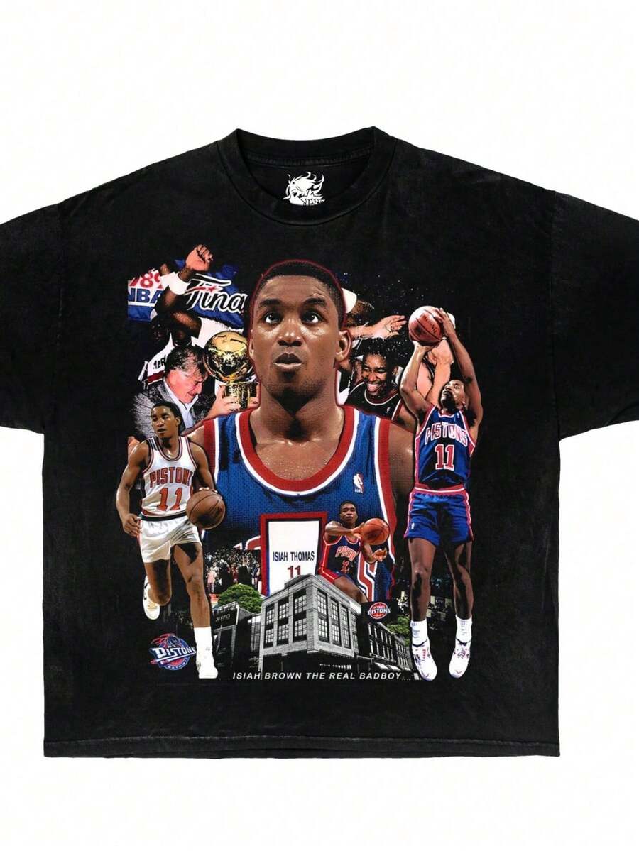 ISIAH THOMAS Boxy Vintage Shirt Graphic Tee Basketball Streetwear Y2K - Black - View 1
