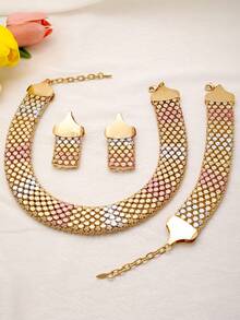 1 set de bijoux vintage dorés pour femmes, fabriqués en matériau composite de fer, comprenant un collier, des boucles d'oreilles et un bracelet colorés, convenant pour les vacances, les mariages et les fêtes - Doré - Voir 4